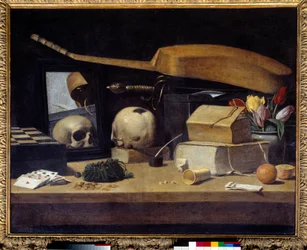 Vanitas Still Life (Vanite) com baralho de cartas, instrumento e crânio. Pintura da Escola Francesa. Século XVII. Sol 0,72x0,9 m