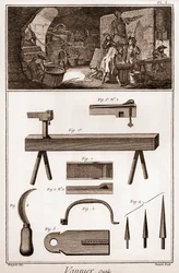 Vannier - ferramentas - fabricante de basquetebol - "The Great Encyclopedie, ou Dictionnaire Raisonne des Sciences, des Arts et des Metiers" (Enciclopédia ou Dicionário das Ciências, Artes e Profissões) por Denis Diderot (1713-1784) e Jean d