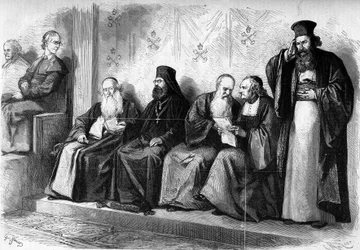 Concílio Vaticano 1 (1869-1870): patriarcas e arquimandritas durante a audiência pré-sinodal na Capela Sistina de Roma. Dezembro de 1869. Gravura no "Le Monde Illustré" n°662 de 19 de dezembro de 1869.