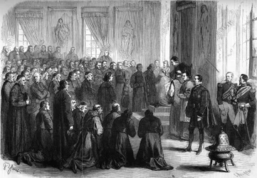 Concílio Vaticano I (1869-1870): O Papa Pio IX (1792-1878) recebeu em audiência geral os eclesiásticos franceses que seguiram as eveques