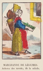 Vendedor de legumes. Comprar nabos, salada, por volta de 1819 (gravura)