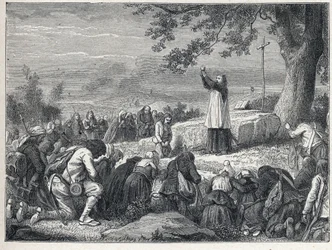 Vendee Wars (1793-1796): Padre insere a celebração de uma missa sob um carvalho para a população insurgente que rejeita os padres jurados. Gravura a partir de 1889. Coleção privada.