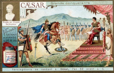 Vercingétorix vai para César, no ano 52 a.C. - Vinheta publicitária de Liébig