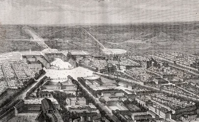 Versalhes com o seu castelo no século XIX - gravura em "La France illustree: geography, history, statistical administration" de V.A. Malt-Brown. 1884