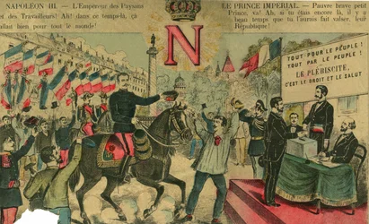 Victor Napoleão (1862-1926) à frente dos partidários dos Bonapartistas, o último herdeiro de Napoleão, tive de me exilar após uma lei aprovada pela Terceira República em 1886. Gravura, em "Le Figaro, suplemento", em 30/03/1889, Paris.