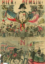 Victor Napoleão (1862-1926) à frente dos apoiantes bonapartistas, o último herdeiro de Napoleão I teve de se exilar na sequência de uma lei aprovada pela Terceira República em 1886. Gravura, em "Le Figaro, suplemento", em 30/03/1889, Paris.
