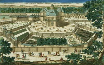 Vista e perspectiva do Salon de la Menagerie em Versalhes, gravado por Antoine Aveline (1691-1743)