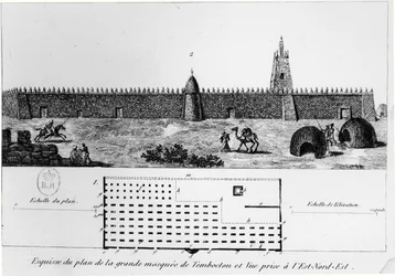 Vista e planta da grande mesquita em Timbuktu, do jornal dun voyage a Tombouctou de Rene Caillie (1799-1838), 1830