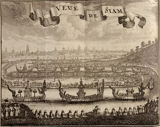 Vista de Ayutthaya com barcaças reais, de Voyage du Siam des Peres Jesuítas por Guy Tachard, 1688