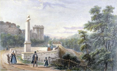 Vista do castelo de Dinan e da estátua de Duclos Pinot. Ilustração do século XIX conservada no Museu de Dinan.