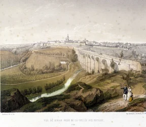 Vista de Dinan, do viaduto e do Vale das Nogueiras. Ilustração do século XIX conservada no Museu de Dinan.