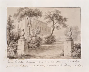 Vista da Villa Bianchetti em Croce del Biacco perto de Bolonha, gravada por S.A.I. depois de Busatti, colorida por M. Hofer, dezembro de 1814 (gravura em cores)