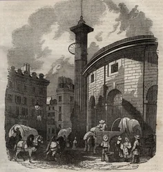 Vista do Halle au ble em Paris (construído em 1763-1769) e da coluna Medici, gravada a partir do século XIX - troca de trigo e milho em Paris (construído em 1763-1769), gravada no início do século XIX - Vista do Halle au ble, colocado no actual Hotel de So