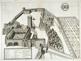 Vista da Abadia Beneditina de Saint Pierre de Montmajour (ou Mont Majour), fundada em 948, Arles, França (gravura)