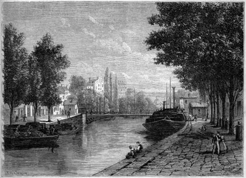 Vista do Canal Saint Martin, em Paris, antes das transformações realizadas por Haussmann em meados do século XIX. Vista no auge da rue Saint Sebastien. Gravura no "Le Monde Illustré" n°233 de 28 de setembro