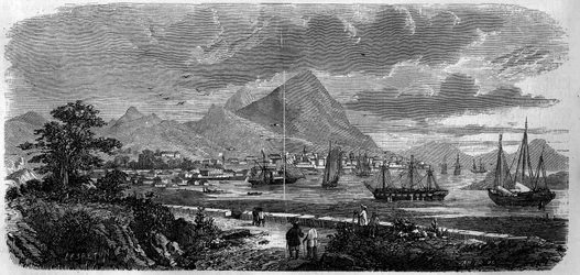 Vista da cidade de Hong Kong (Hong Kong) (Canton Bay Island) em 1857. Gravura em "Le Monde Illustré" n°29 de 31 de Outubro de 1857.