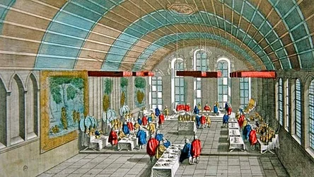 Vista do Jantar oferecido ao Imperador e aos Eleitores da Saxónia em 1758 na Câmara Municipal de Frankfurt, Alemanha (gravura a cores)