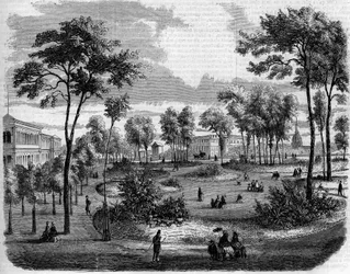 Vista dos jardins ingleses dos Champs Elysees (Champs-Elysees) em Paris