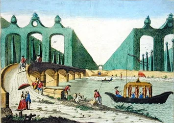 Vista dos Jardins do Lord Hamilton em direcção a uma ponte sobre o rio Tamisa perto de Londres (gravura colorida)