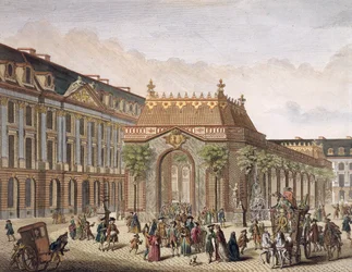 Vista da Place de Louis le Grand, com um dos quartos construídos para a ocasião do casamento de Monseigneur le Dauphin (detalhe de 101866) (gravura a cores)