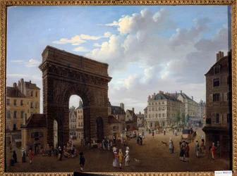 Vista da Porte Saint Martin em Paris Pintura da Escola Francesa do século XVIII. Coleção Particular