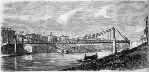 Vista da Ponte de São João sobre o rio Tiber (Tevere), na Itália, inaugurada em 1863. Esta ponte de aço foi projetada por Alphonse Oudry (1819-1869). Gravura no "Le Monde Illustré" n°349 de 19 de Dezembro de 1863.