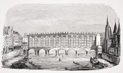 Vista da antiga Pont-au-Change, de uma gravura da "Topografia de Paris", de "Le Moyen Age et La Renaissance", de Paul Lacroix (1806-84), publicada em 1847