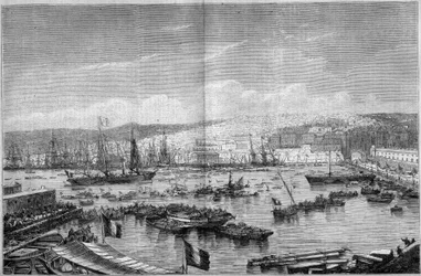Vista da cidade e do porto de Argel (Argélia), durante a chegada de Napoleão III e da Impressora Eugenie de Montijo, 17 de setembro