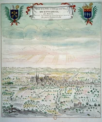 Vista da cidade e da abadia de Saint Pierre de Bourgueil Watercolour da escola francesa. 1699 Paris, B.N.