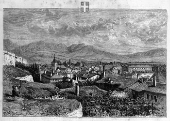 Vista da cidade de Chambery em Savoy. Gravura de 1880 em "La republique illustree" coleção particular.