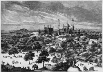 Vista da cidade de Delhi (Índia) em 1857. De um esboço do Príncipe Alexis Soltykoff. Gravura de Bertrand em "Le Monde Illustré" n°20 de 29 de Agosto de 1857.