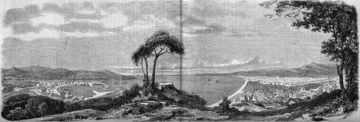 Vista da cidade de Nice em 1860. Gravura em "O Mundo Ilustrado" n°157 de 14 de Abril de 1860.