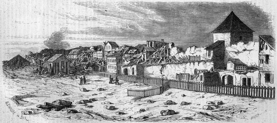 Vista do distrito da cidade de Kastrich, em Mainz (Alemanha), após a explosão do barril de pólvora em 1857. A partir de uma fotografia. Gravura em "Le Monde Illustré" n°36 de 19 de Dezembro de 1857.