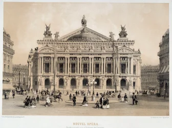 Vista da fachada da Ópera Garnier em Paris com vista para o Boulevard des Capucines. Da aquarela de Paris do século XIX, Musee Carnavalet