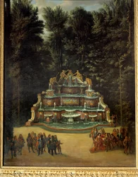 Vista da fonte do Buffet da Água nos jardins do Grand Trianon em 1713. Em primeiro plano: Luís XIV no Promenade Peinture de Charles Chatelain. Século XVIII. Dim. 2,96x1,42 m. Versalhes, Castelos de Versalhes e Trianon.