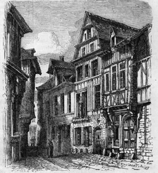 Vista da casa localizada na rue de la Pie, em Rouen, onde nasceu Pierre Corneille. Gravura em "Le Monde Illustré" n°308 de 3 de janeiro