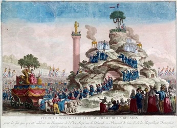 Vista da montanha elevada no campo da Reunião. 20 ano praial II (8/06/1794) por ocasião da Festa do Ser Supremo Gravura anónima de 1794. Paris, Museu Carnavalet