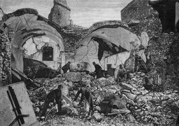 Vista das ruínas do Chiese del Purgatorio, destruído durante o terremoto de 1881 na ilha de Ischia (Itália). Gravura de Quesnel In "The Illustrous World" n°1254 de 9 de Abril de 1881.
