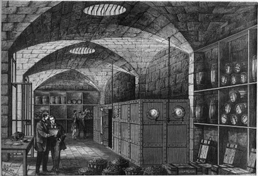 Vista do aperto, localizado nas caves do Louvre, onde se armazena a prata destinada à Alemanha. A França teve que pagar uma compensação pela sua derrota durante a Guerra de 1870. Paris