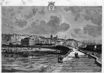 Vista da cidade de Boulogne, no Pas de Calais. Gravura de 1880 na colecção privada "La republique illustree".