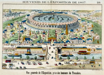 Vista da exposição mundial a partir do Trocadero em Paris. Gravura de 1867. Paris, museu do carnaval