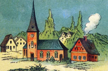 Village. Gravura em "ABC indechirable sobre tela envernizada". A. Capendu, editor, Paris, final do século XIX. Livraria infantil ilustrada. 8 páginas. Dim: 21,5x18cm .