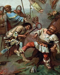 Violência do Jacquerie contra a nobreza francesa (1358). Cromolitografia por volta de 1890.