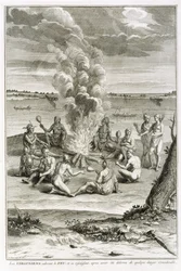 Virginianos adorando fogo e alegria sendo libertos de considerável perigo, ilustração de cerimônias religiosas e costumes, gravada por Bernard Picart (1673-1733) 1721