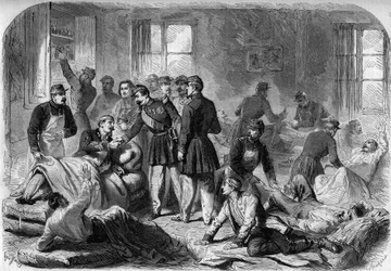 Visita do Imperador Napoleão III às feridas da Batalha de Montebello nas ambulâncias improvisadas em Voghera, em 21 de Maio de 1859. Gravura de um esboço de Moullin.