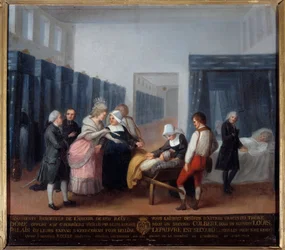 Visita de Monsieur e Madame Necker ao hospital de caridade Este é um hospital (agora Hospital Necker em Paris) fundado pelo ministro e sua esposa, esposa de Lettres em 1778. Pintura da Escola Francesa. Século XVIII. Paris, Musee de l