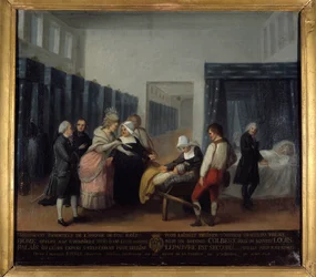 Visita do Sr. e da Sra. Necker ao Hospital dos Inválidos - Escola Francesa, Museu de Assistência Pública, final do século XVIII