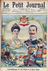 Vittorio Emanuele III di Savoia e Elena di Savoia - Rei Victor Emmanuel III e Rainha Elena da Itália. Victor Emmanuel III, Rei de Itália, e Rainha Helena. Ilustração para Le petit Journal, 5 de Julho de 1903.