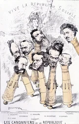 Vive la République sociale - Os canoneiros da República: A. Vacquerie, F.V. Hugo, P. Meurice, E. Roullier, Flocquet, H. Rochefort, Vermorel, Pilotell. Desenho animado.