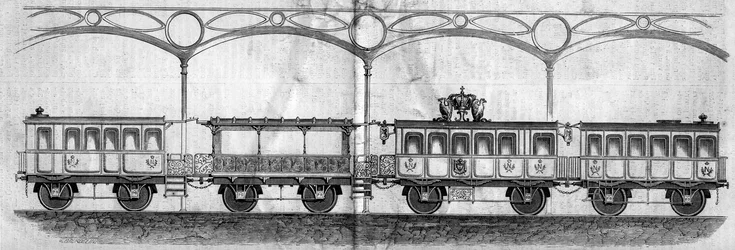 Carruagens ocupadas pelo Imperador Napoleão III (1808-1873) durante a viagem de Paris a Cherbourg, em 1858. Gravura no "Le Monde Illustré" n°70 de 14 de Agosto de 1858.